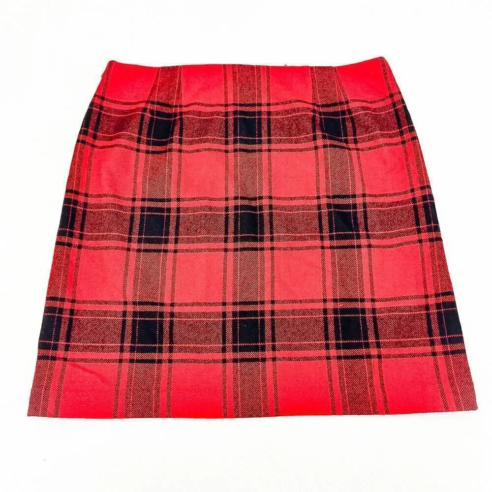 Talbots Plaid Madras Wool Checkered Flannel Pencil Skirt Red Black Size 14 - Picture 4 of 5